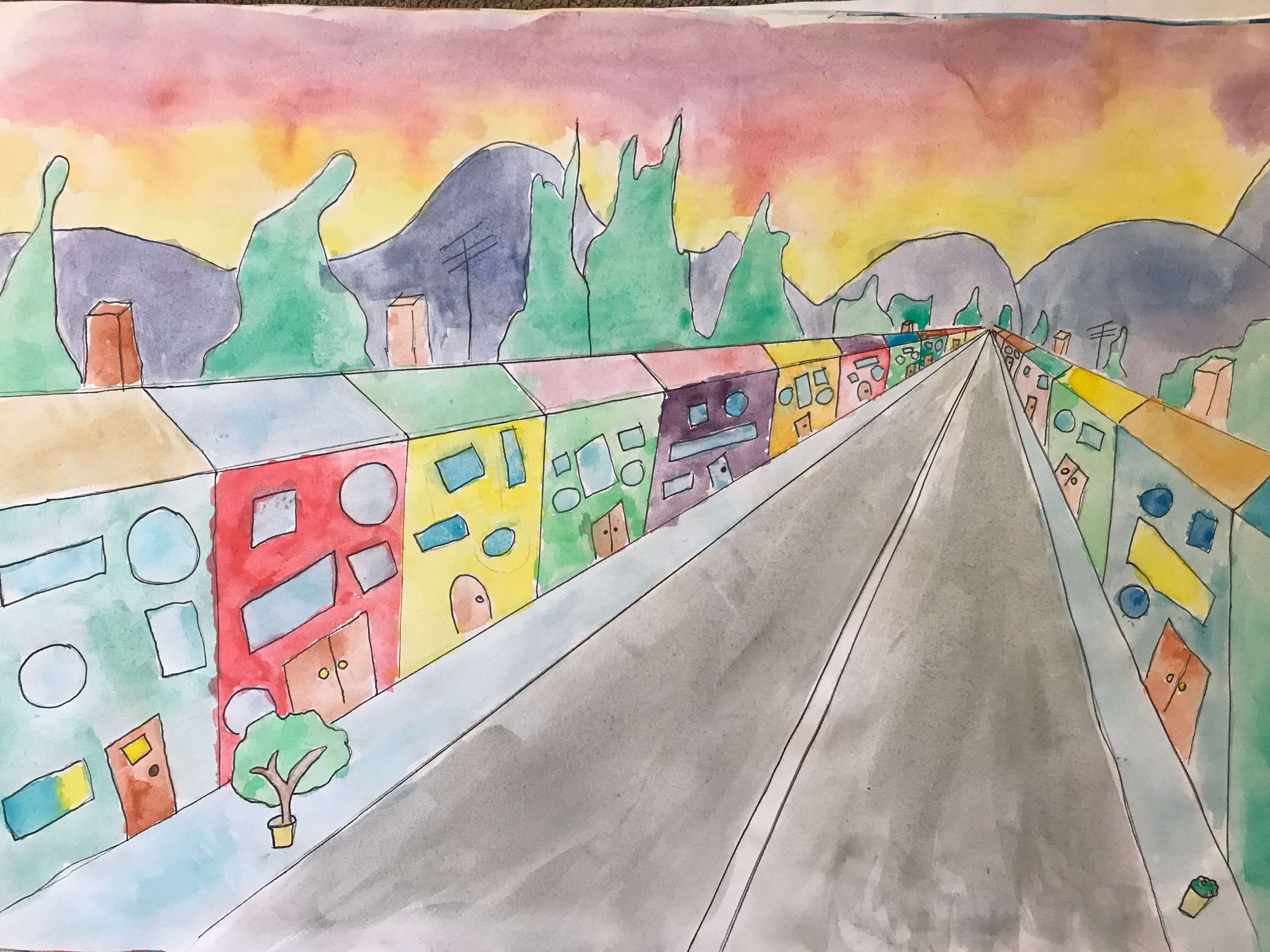 A hand-painted road converging between colourful houses