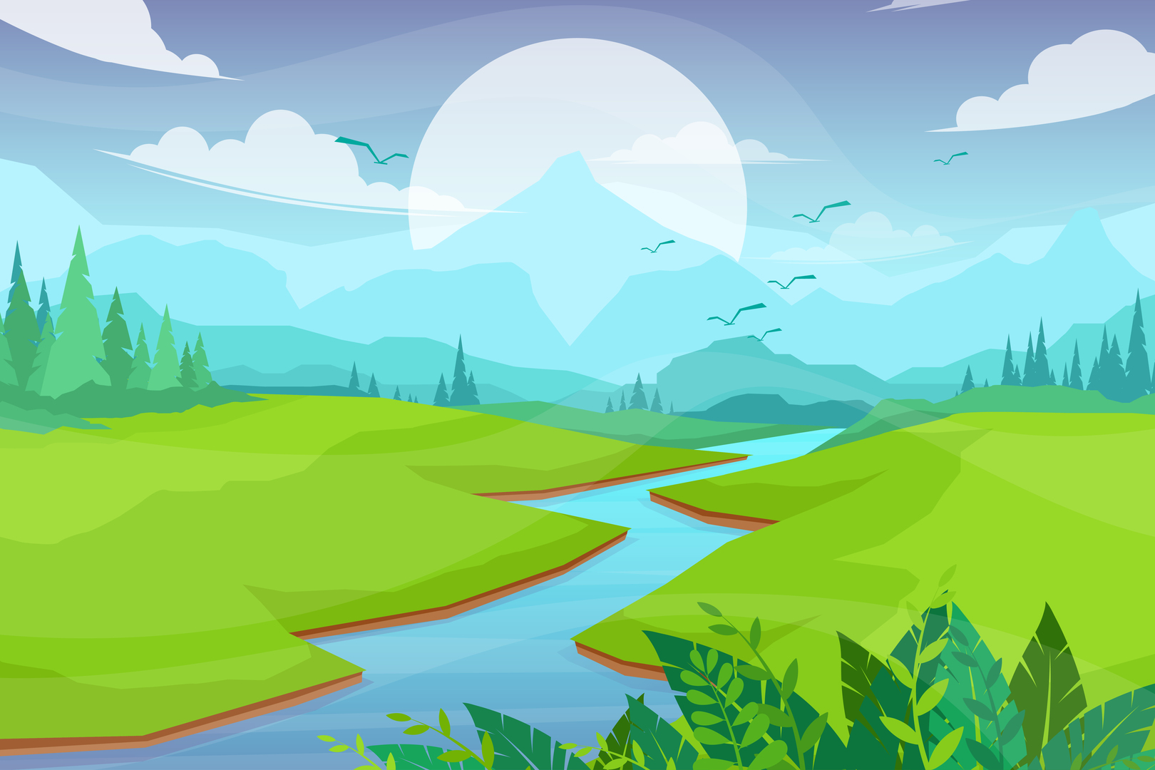 A bright geometric river winding through a green landscape