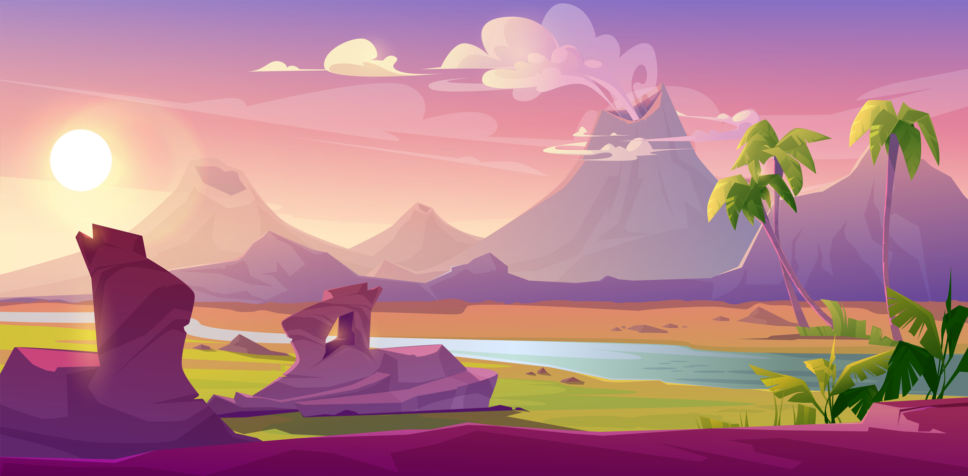 A volcanic stone landscape at sunrise